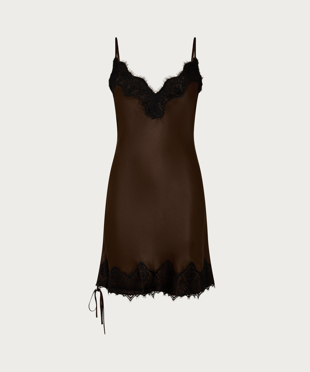 The Satin Mini Slip Dress Brown