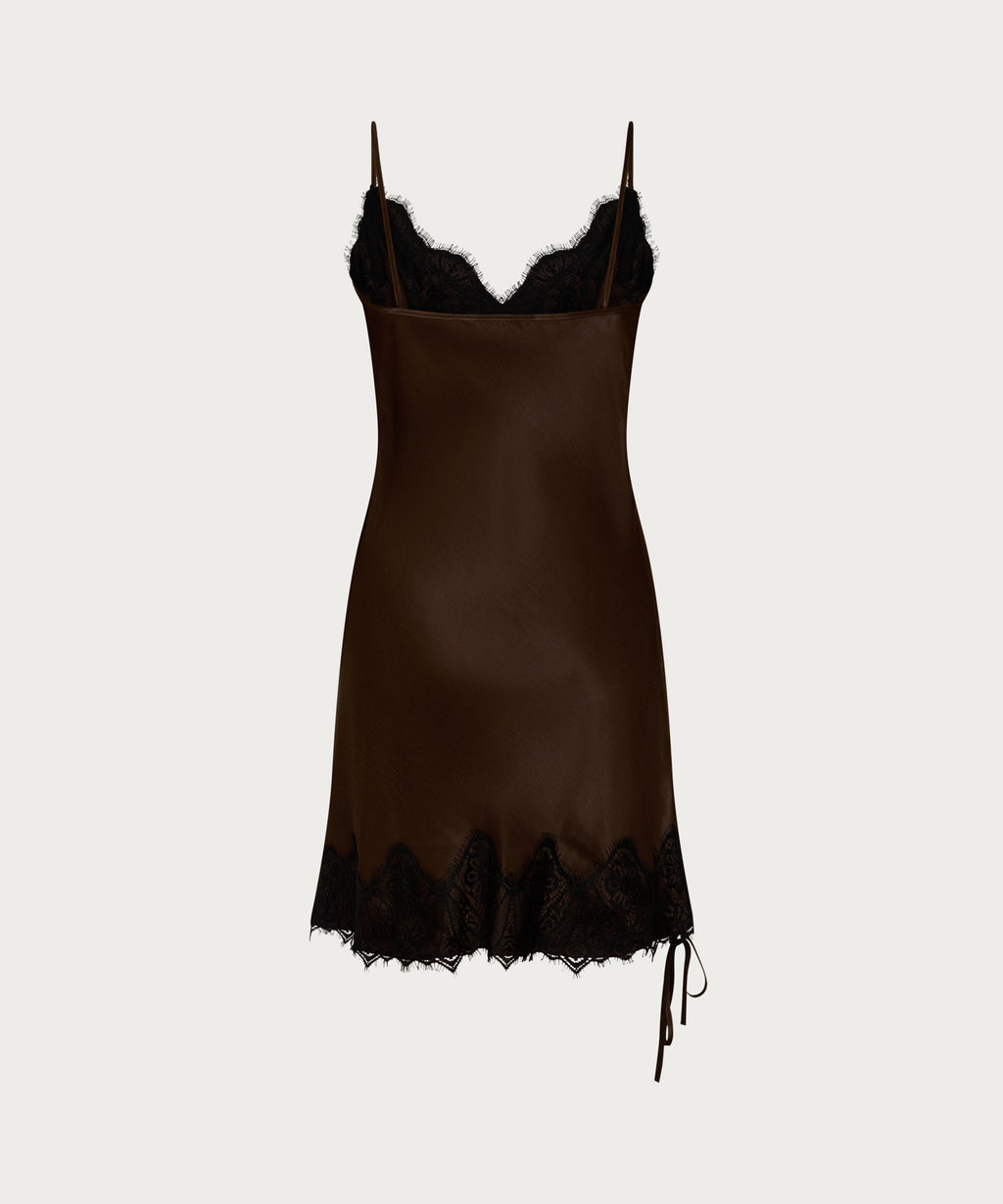 The Satin Mini Slip Dress Brown